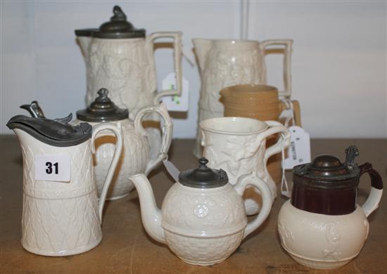 Copeland, Spode & other relief-moulded creamware, inc 2 large jugs, small teapots etc & similar buff jug (5 pewter-mounted)